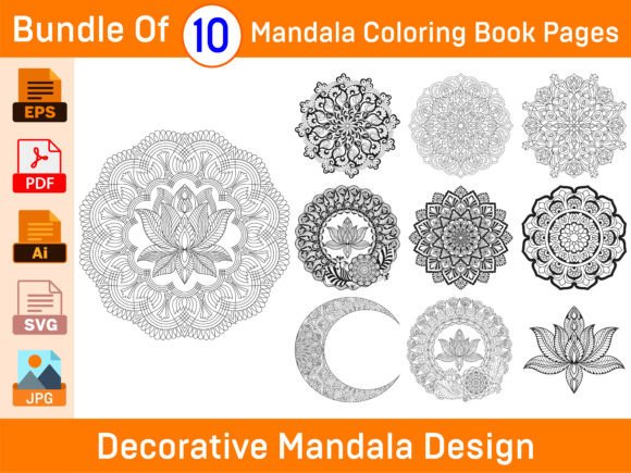 Bundle of 10 Decorative Mandala Coloring: Graphics & Coloring Pages Amp
